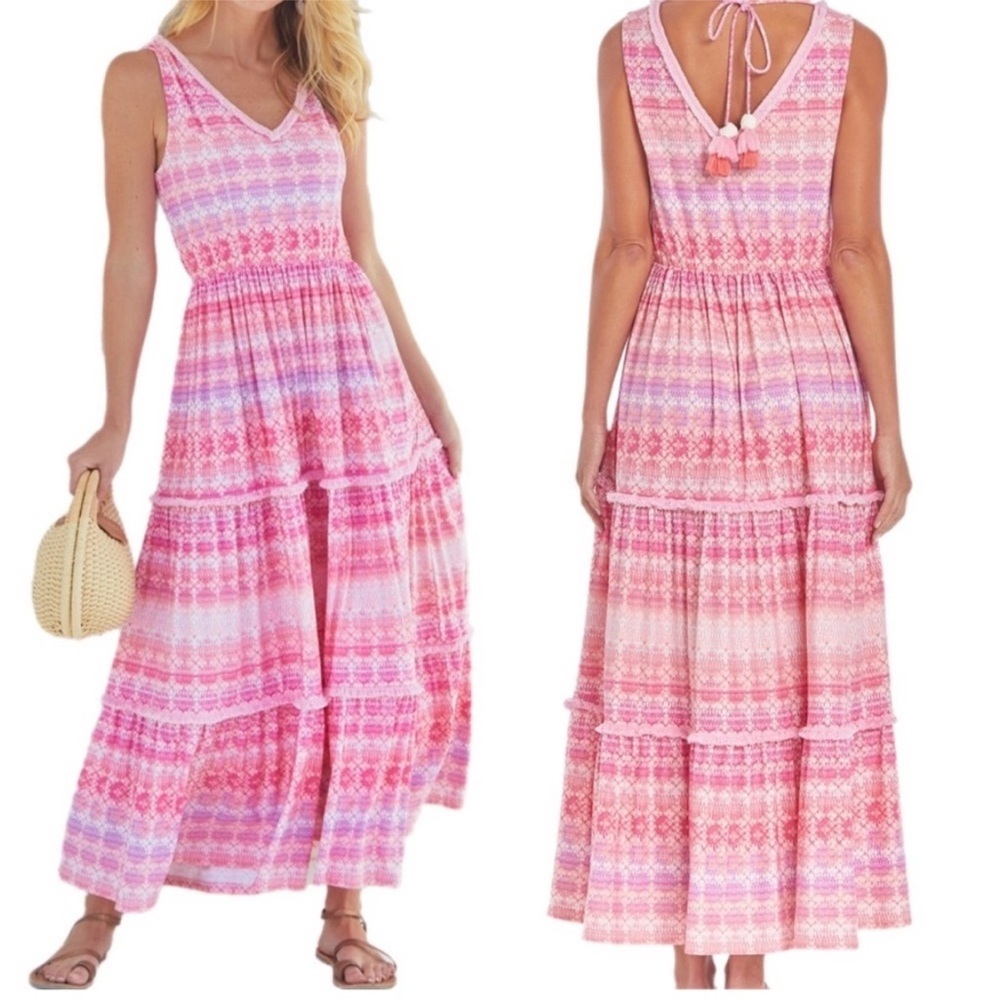 Cabana Life Sleeveless Pink Lavender UPF Tie Tassel Print Swim Cover Up Dress